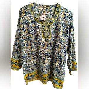 Sahiba Sparkling Floral Tunic Womens One Size Blue & Yellow Made In India NWT